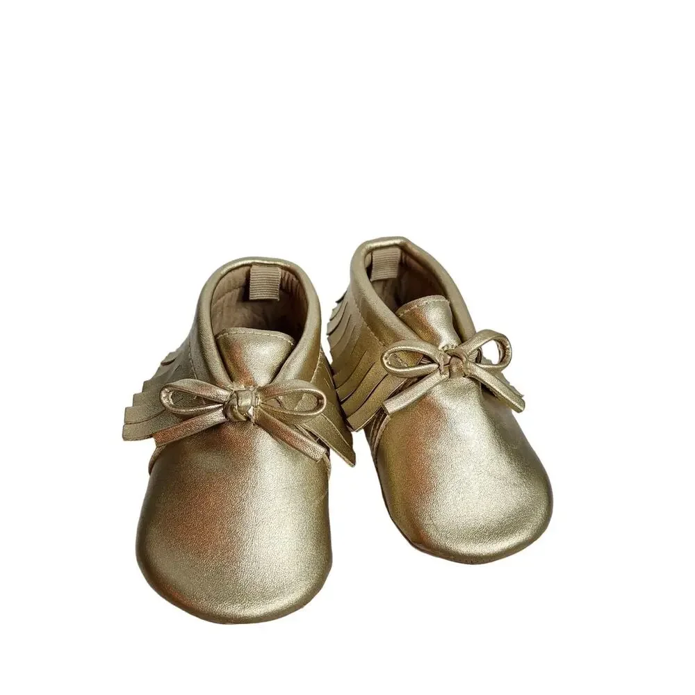 Old Navy Gold Baby Moccasins Shoes Sz 3-6mos / Fringe & Bow